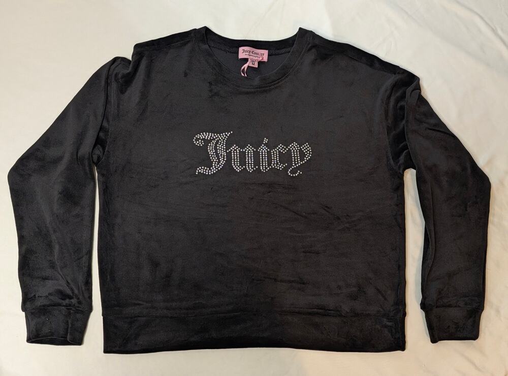 Juicy Couture Black Velour Long Sleeve Bedazzled Rhinestone Top Y2K